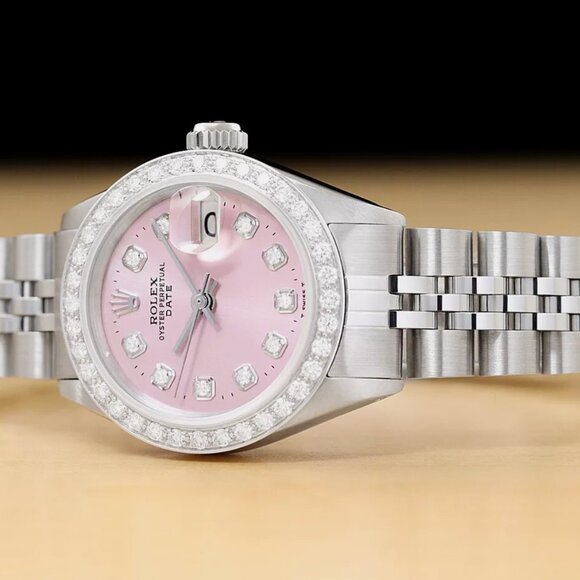 LADIES ROLEX DATE PINK DIAMOND DIAL 18K WATCH - Picture 3 of 7